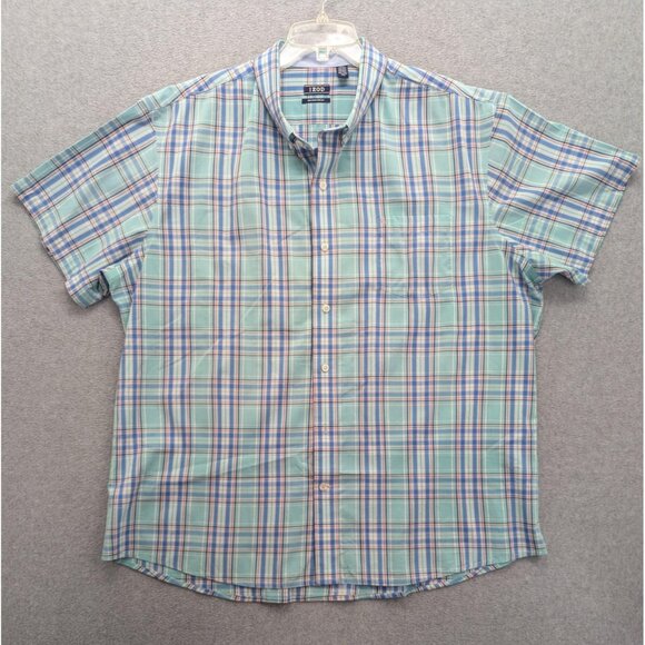 IZOD Shirt Mens 2XL Green Blue Plaid Short Sleeve Button Down Non-Iron Stretch - Picture 1 of 10